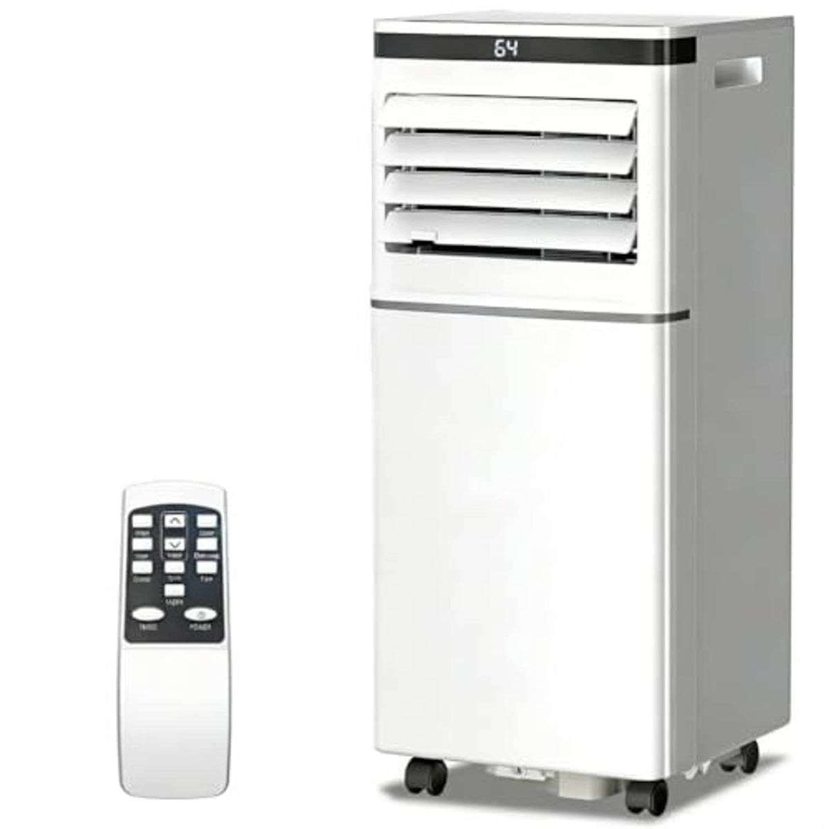 White portable air conditioner on wheels with front vents and black control display; remote shown.