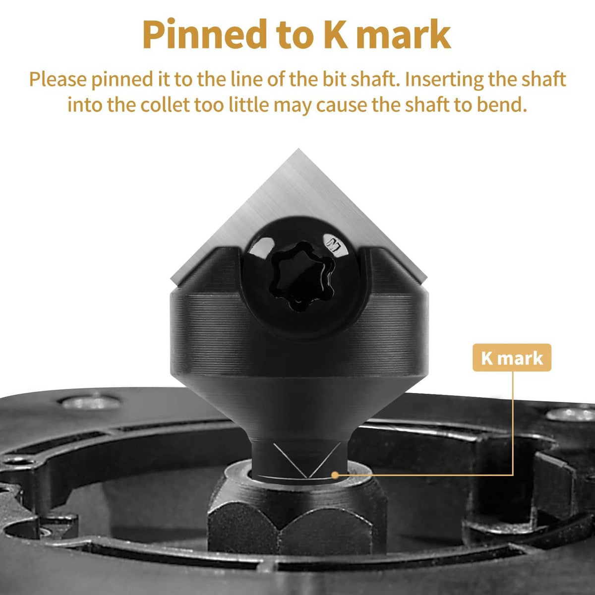 Mounted 90° V-groove router bit with insert aligned to a gauge mark
