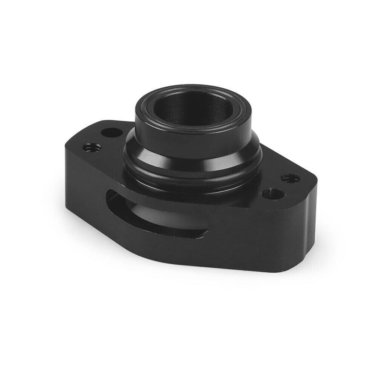Black blow off valve adapter with inner port ring and four-hole mounting flange