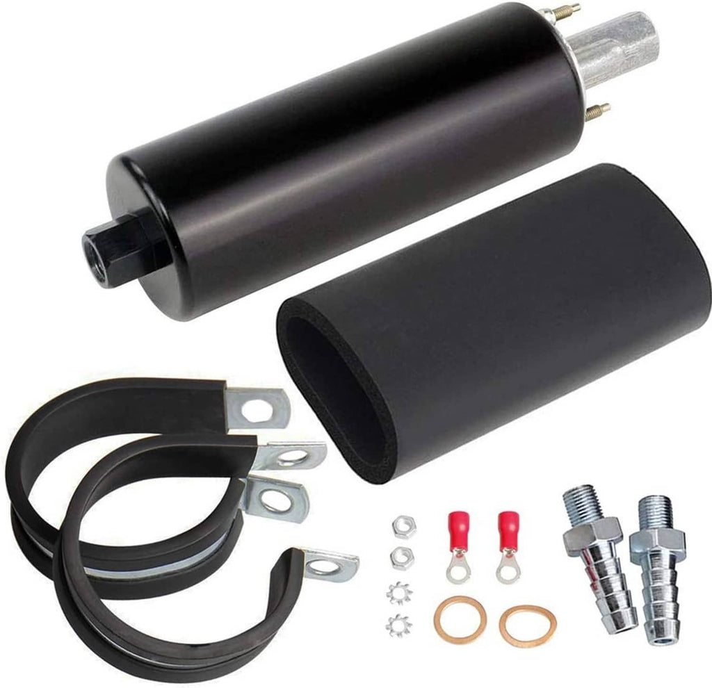 Inline fuel pump kit with black cylindrical housing, mounting clamps, and wiring pigtail