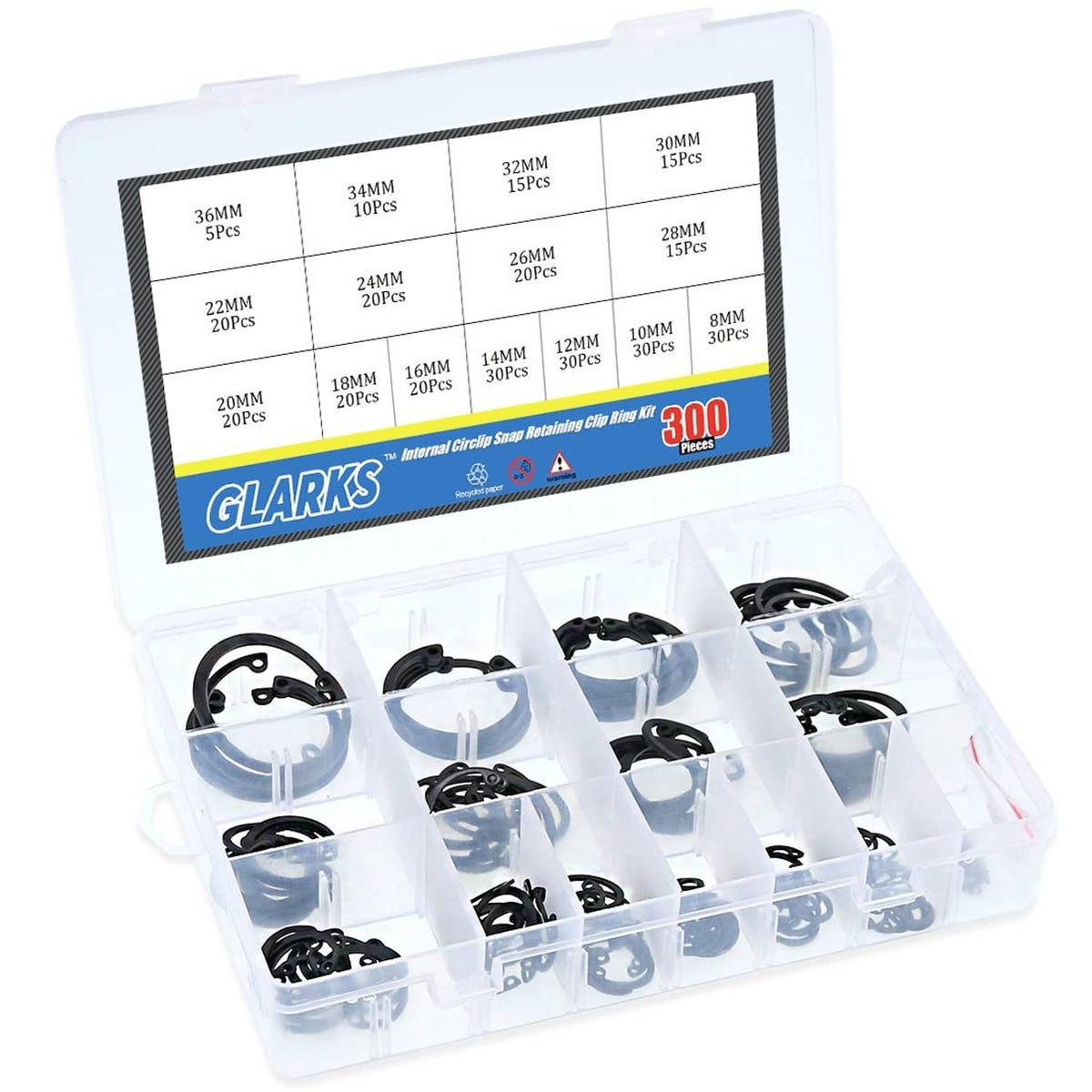 Internal circlip snap retaining ring kit in clear case with size labels
