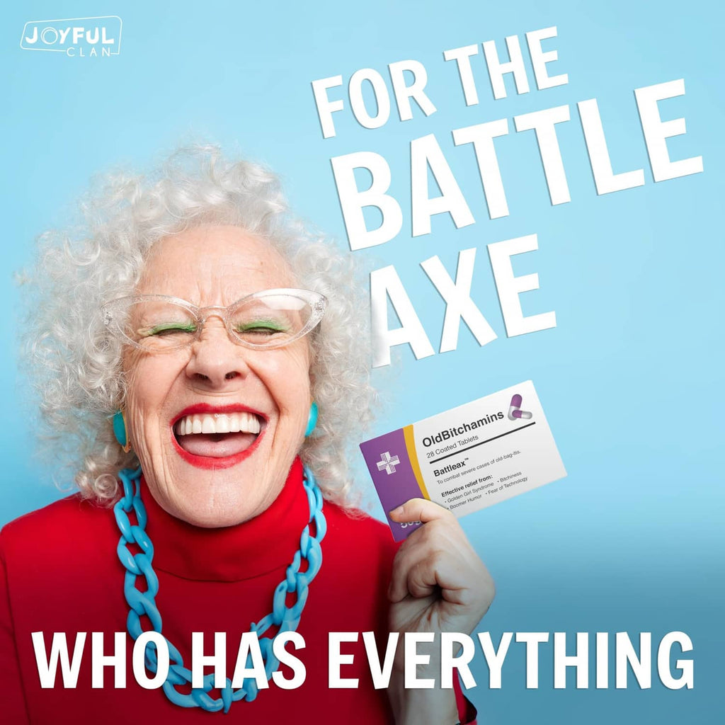OldBitchamins themed pill box card held in hand