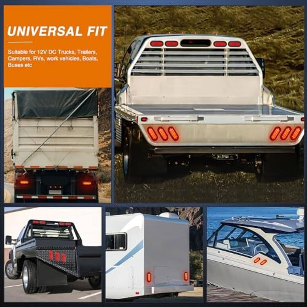 Universal-fit oval red LED trailer tail lights shown on trucks, trailers, and boats