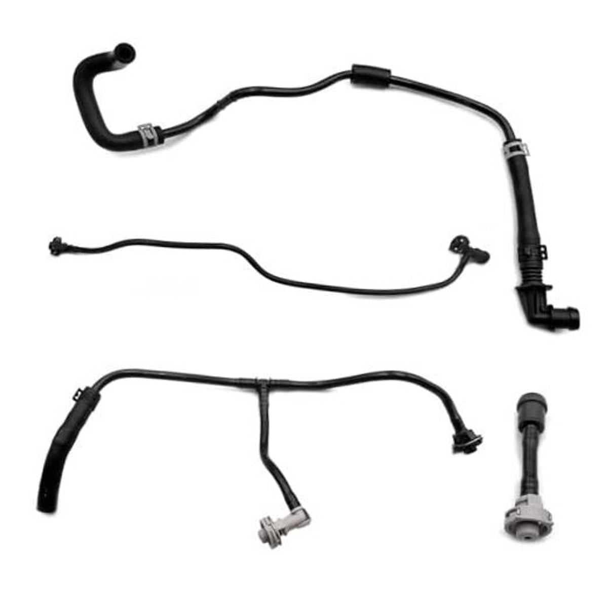 Black coolant reservoir overflow hose kit with connectors and clamps, set of 4