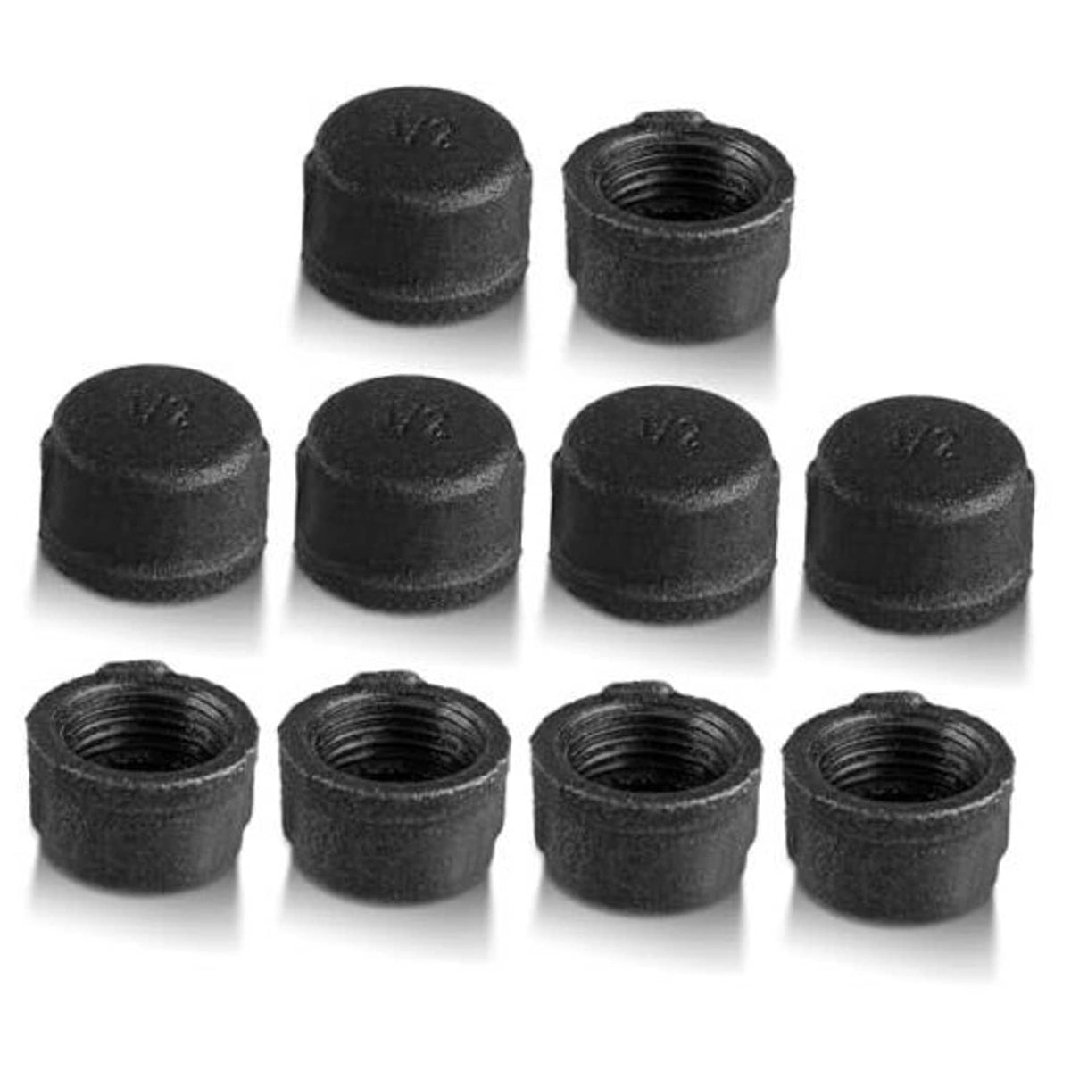 Pack of 10 black pipe thread caps, textured malleable iron, 1/2 in