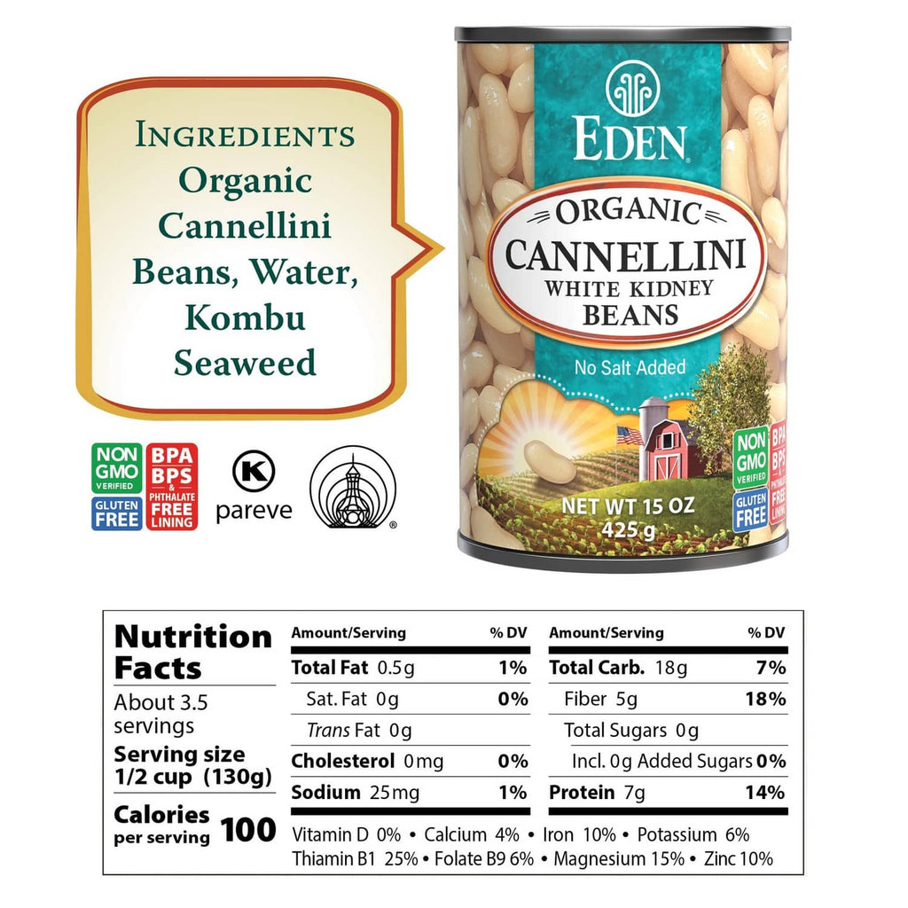 Organic cannellini beans can side with ingredients and nutrition facts, 15 oz