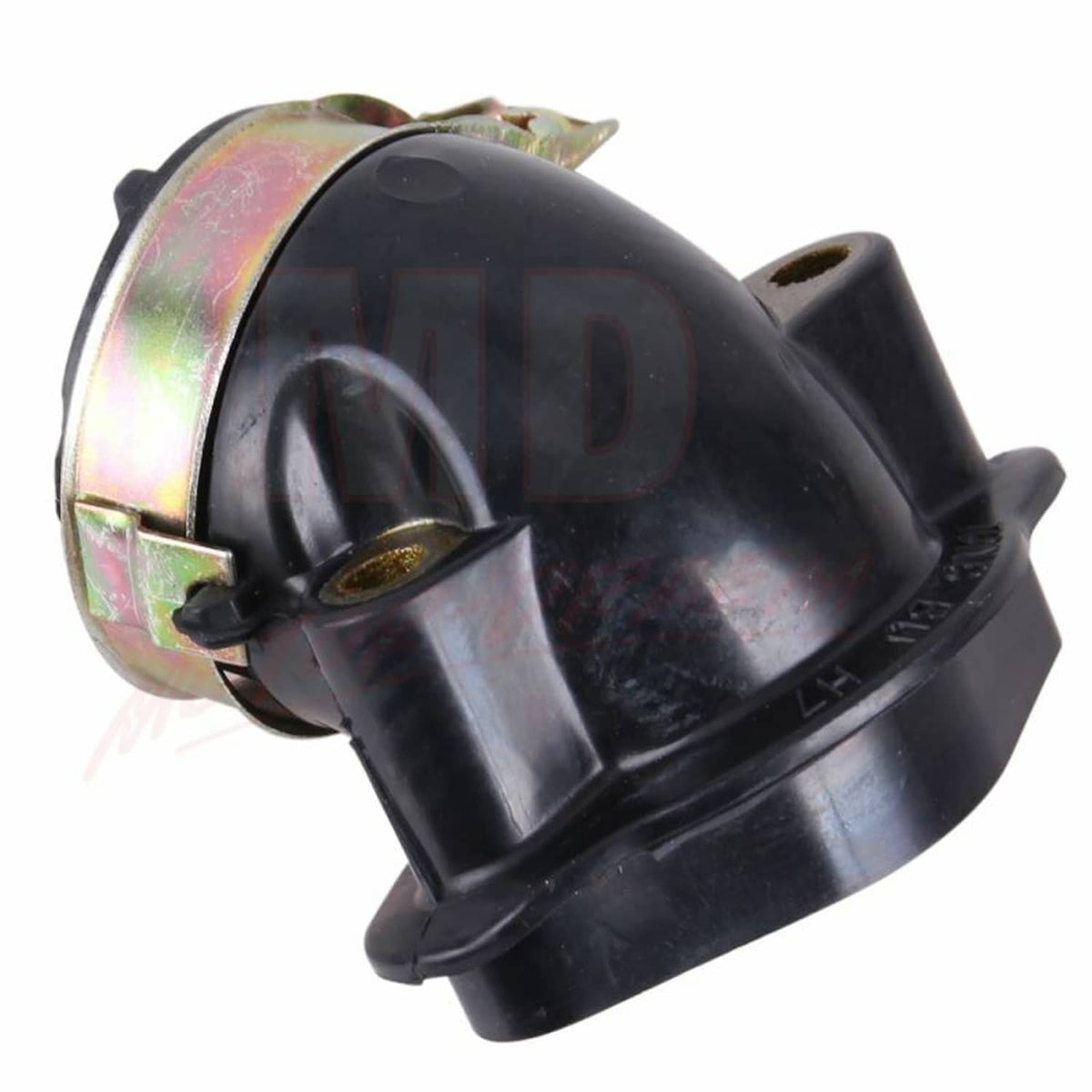 Black air intake boot with iridescent metal mounting ring and connector tab
