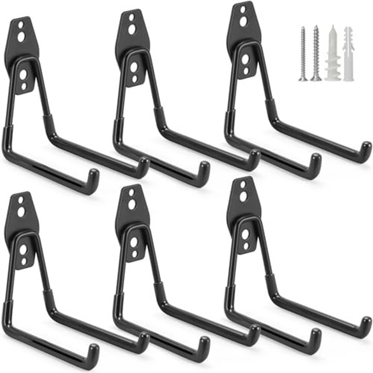 6-pack black U garage storage hooks with curved arms and wall-mounting plates
