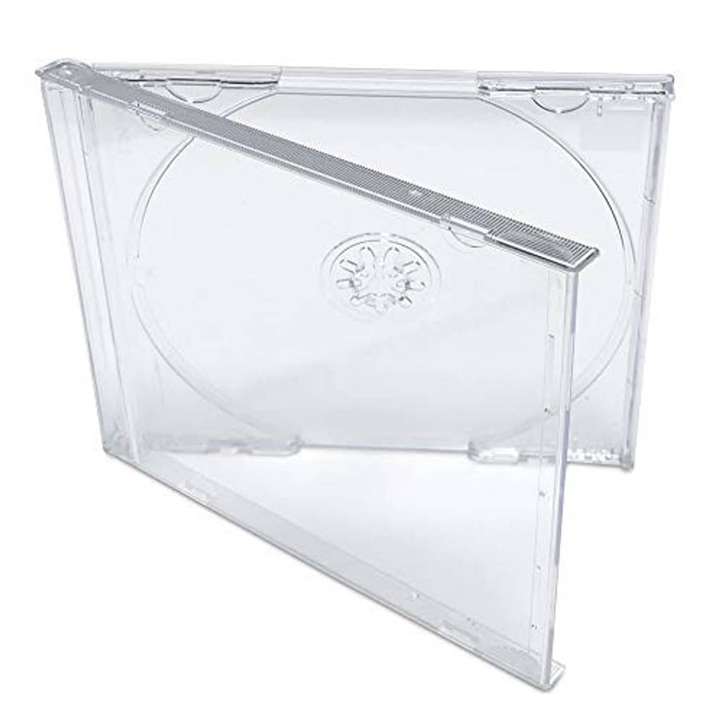 Clear CD jewel case, angled view with hinge and disc tray visible through the cover.