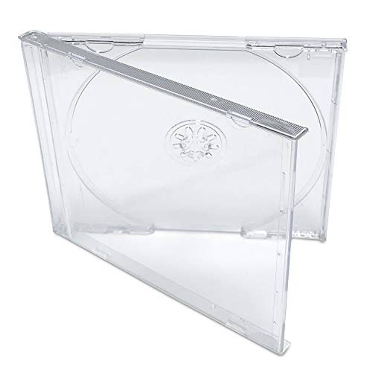 Clear CD jewel case, angled view with hinge and disc tray visible through the cover.