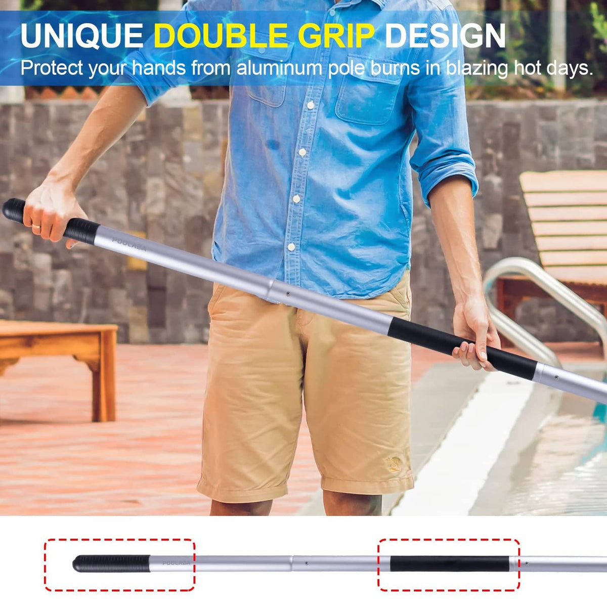 Telescopic pool pole with dual black grip sections and silver aluminum shaft