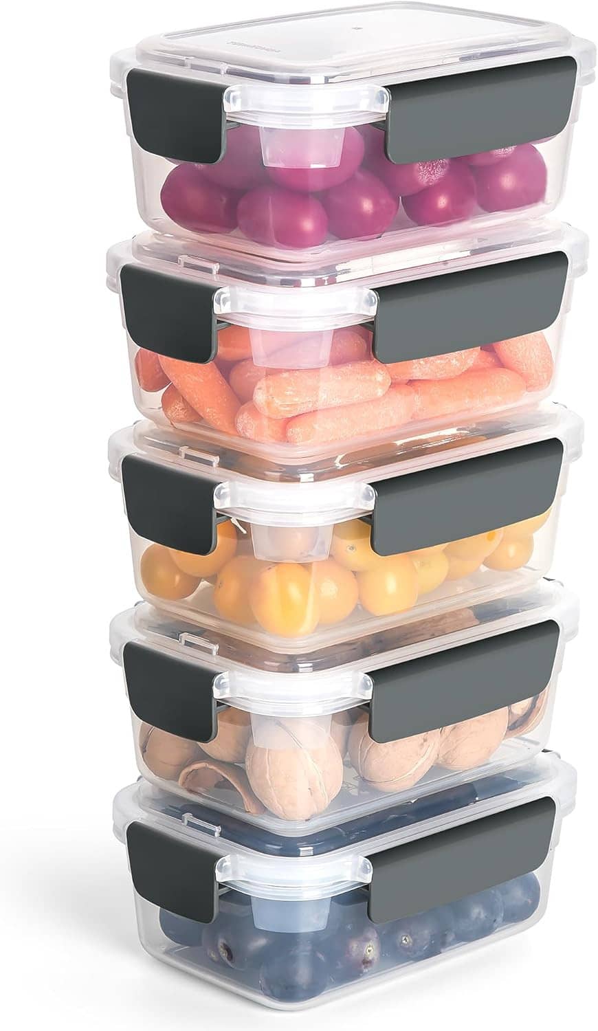 Tall stack of clear plastic food containers with black latch lids