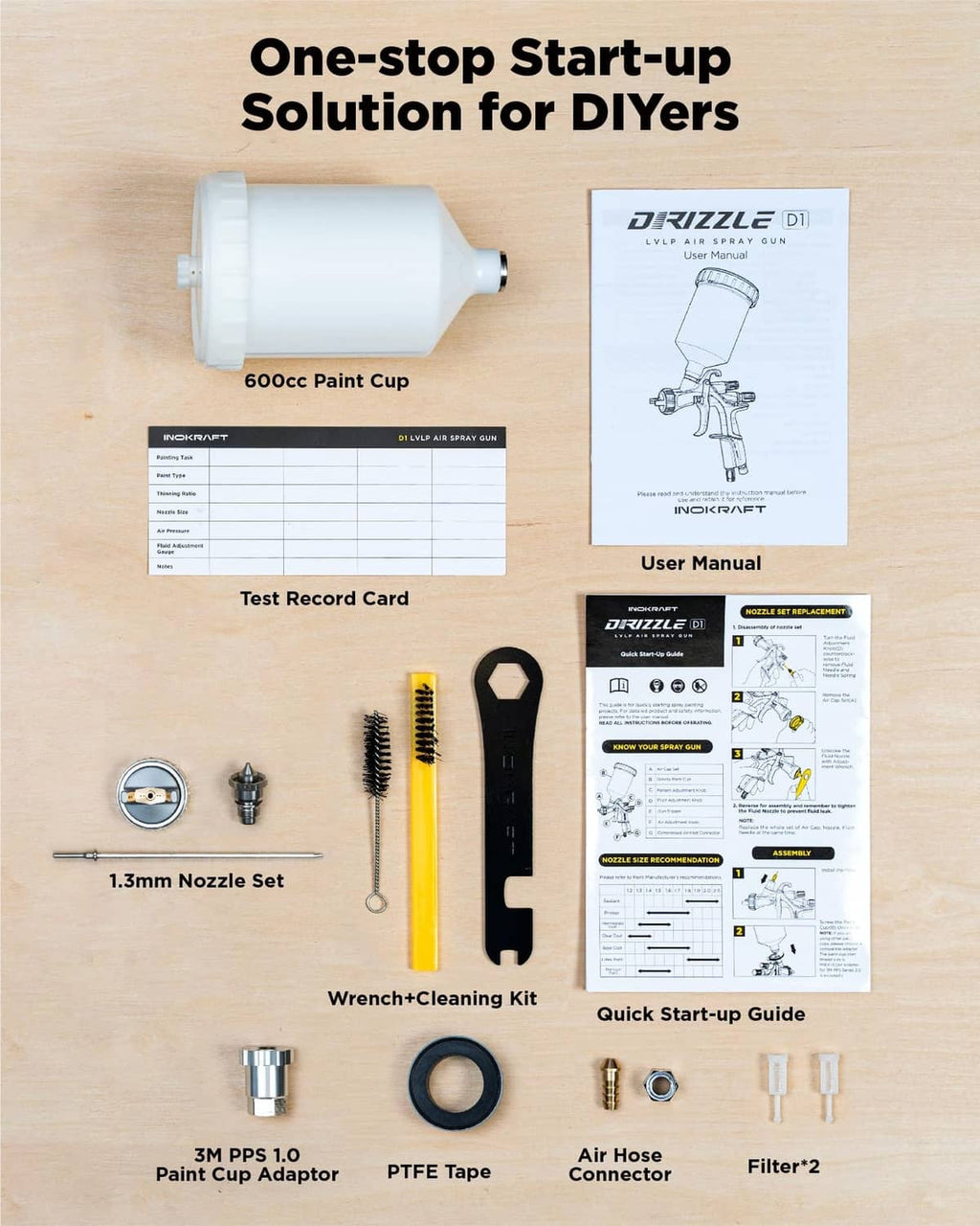 D1 LVLP air spray gun starter kit contents laid out with nozzle set, tape, and hose connector