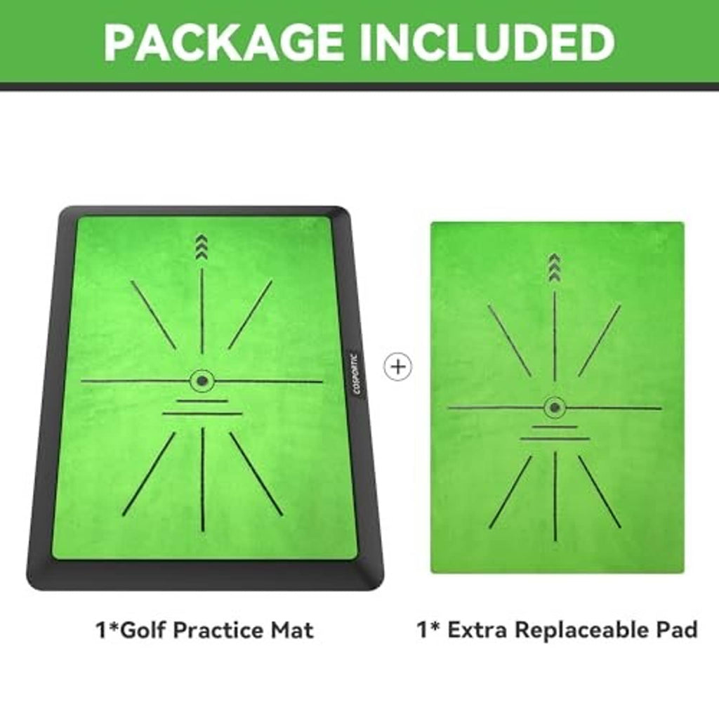 Golf practice mat bundle with green hitting surface and extra replaceable pad