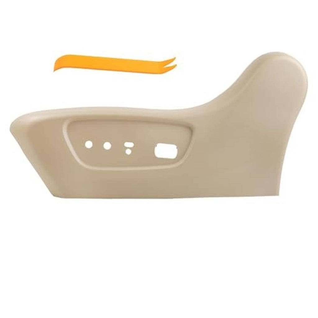 Beige front driver side seat outer trim panel, side profile with switch cutouts