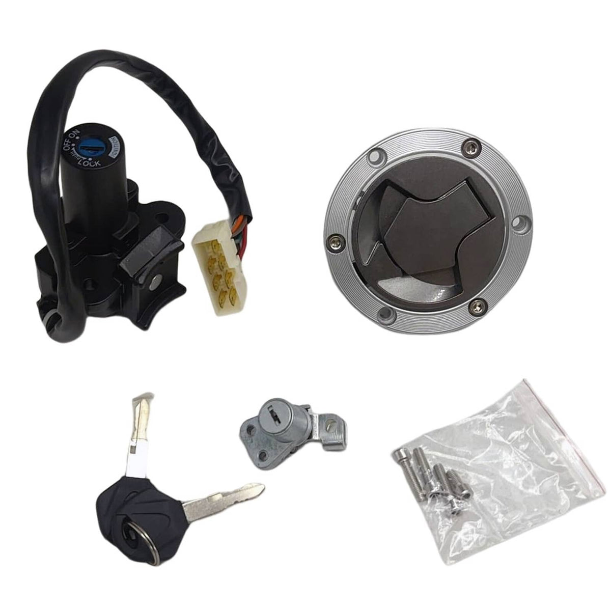 Ignition switch and gas cap kit with keys, fuel cap lid, and hardware bag