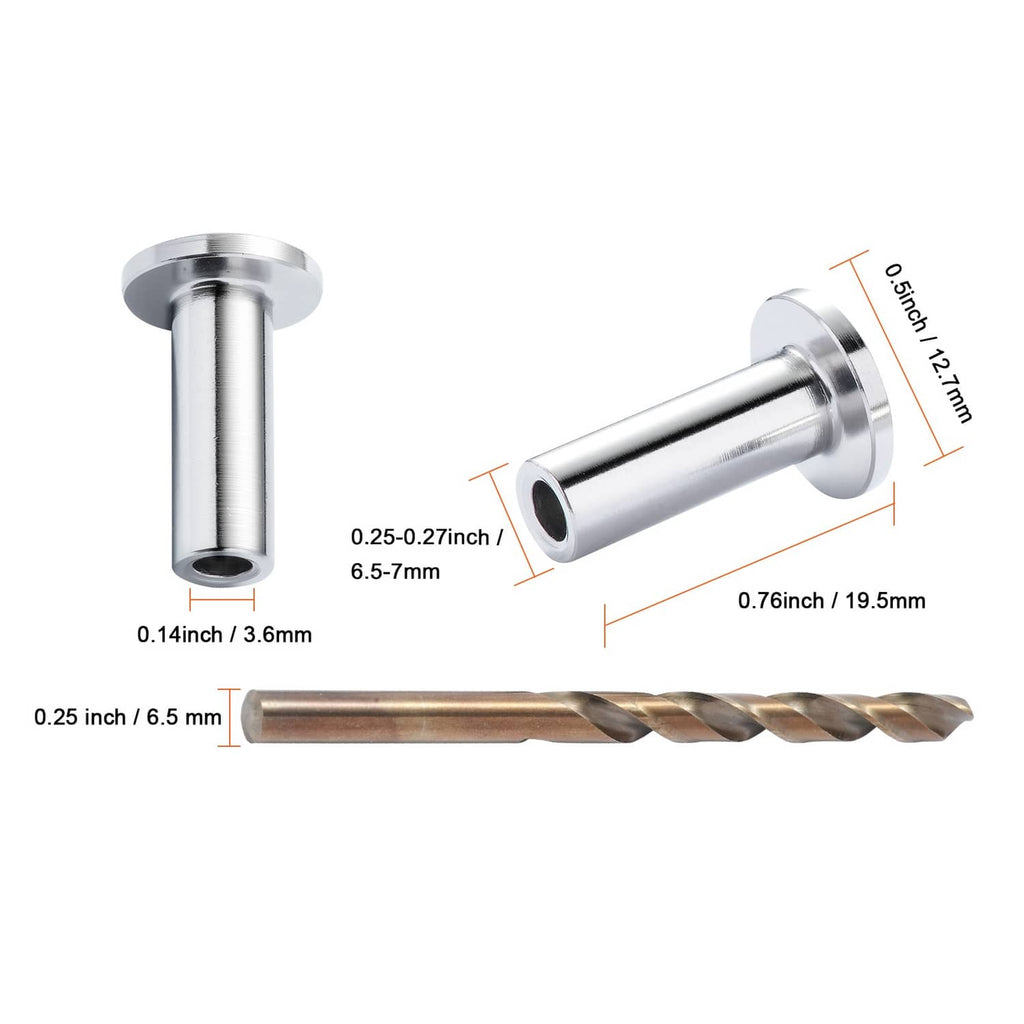 Stainless steel wire rope sleeve with drill bit, labeled size measurements