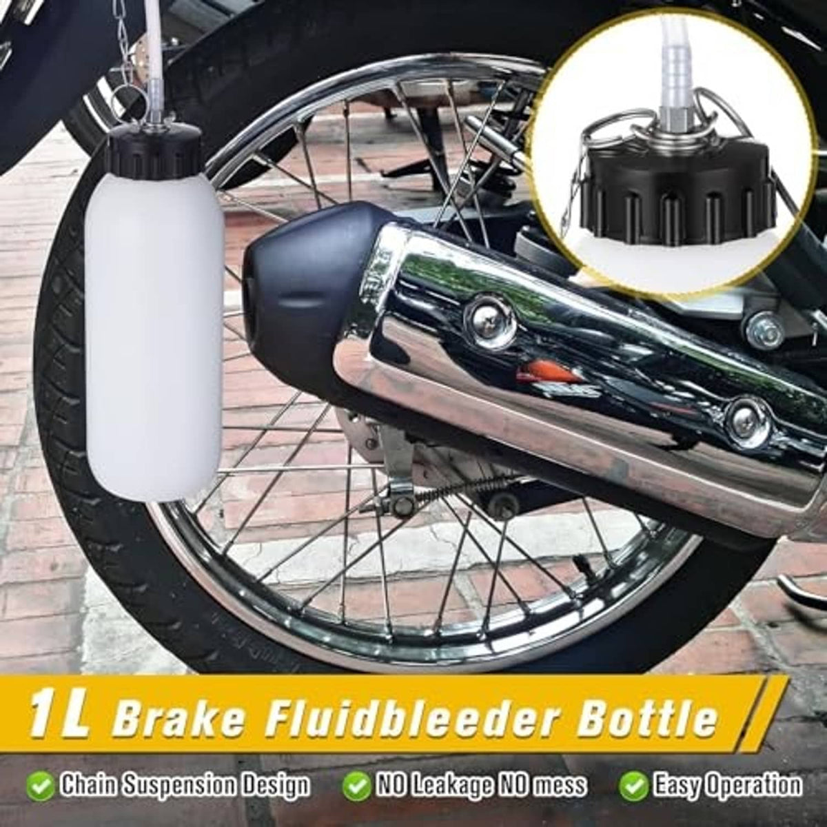 Brake fluid bleeder bottle connected to motorcycle wheel brake area with clear tube hose