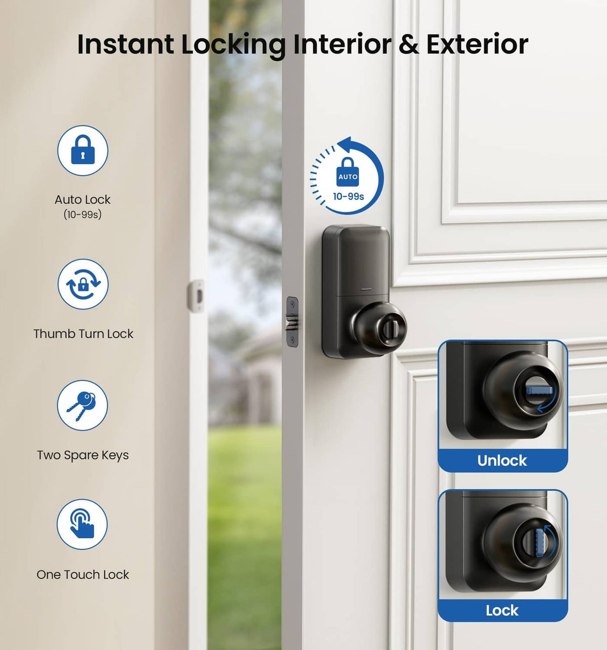 Matte black electronic keypad door lock with auto-lock thumb turn and spare key slots