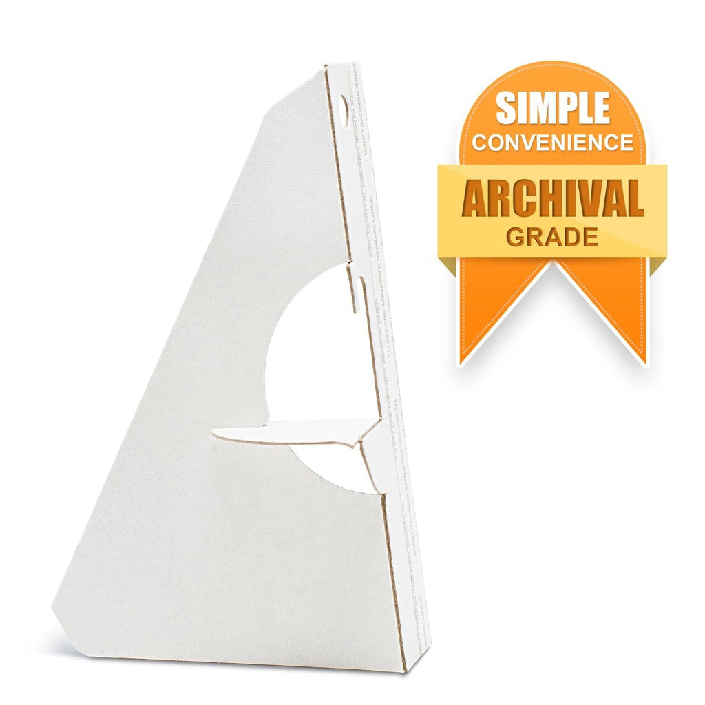 White cardboard easel back standing upright with self-adhesive strip