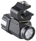Black hands-free clip-on flashlight with front LED lens and threaded mount