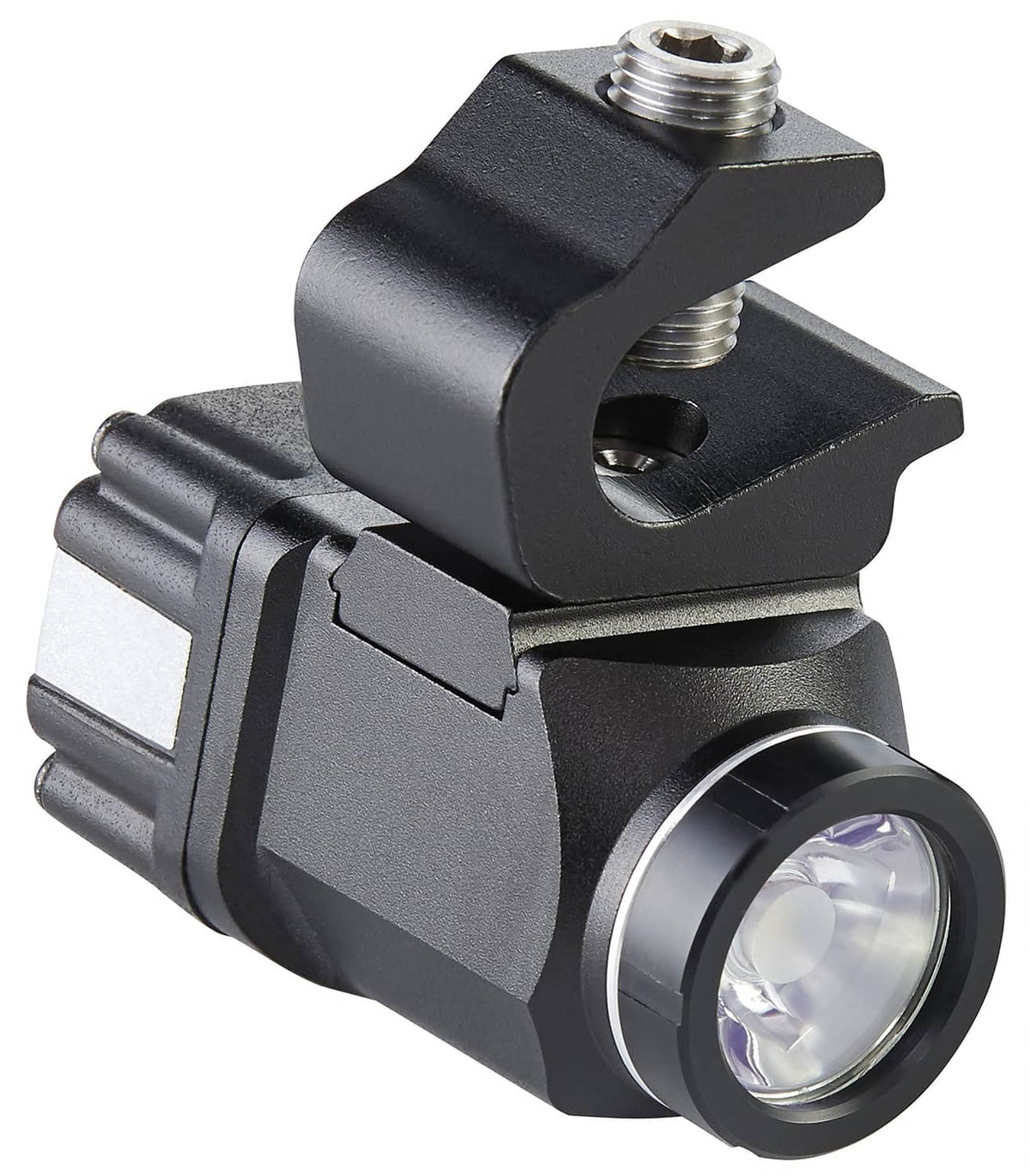 Black hands-free clip-on flashlight with front LED lens and threaded mount