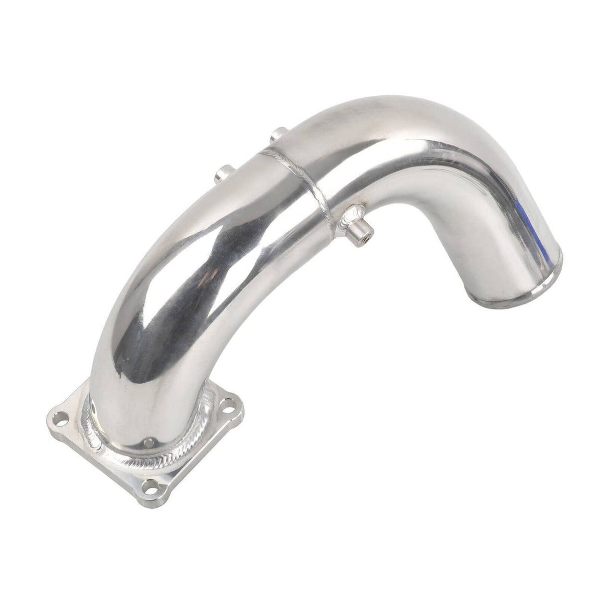 Polished air intake elbow charge pipe with smooth bend and front mounting flange
