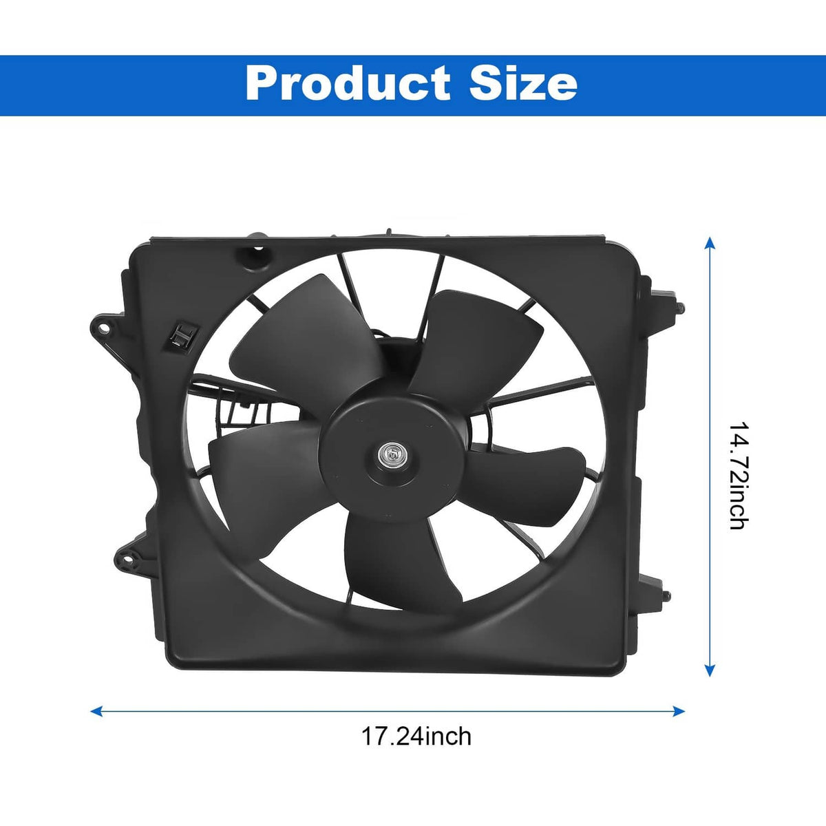 Radiator cooling fan assembly with black shroud and mounting brackets, front view