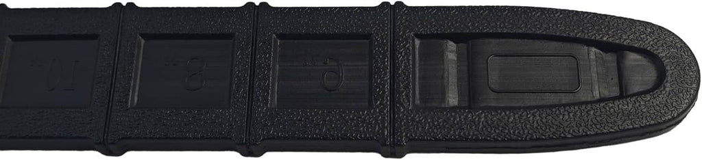 Black chainsaw bar cover scabbard, close-up of molded ventilation slots and tab