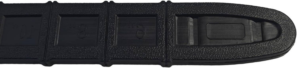 Black chainsaw bar cover scabbard, close-up of molded ventilation slots and tab