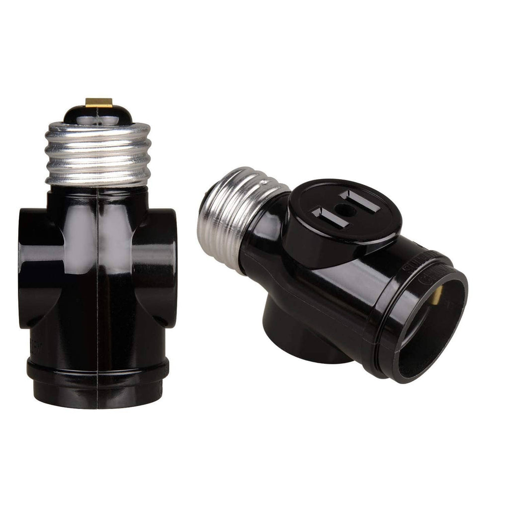 Black E26/E27 light socket adapter with plug converter and chrome threaded base.