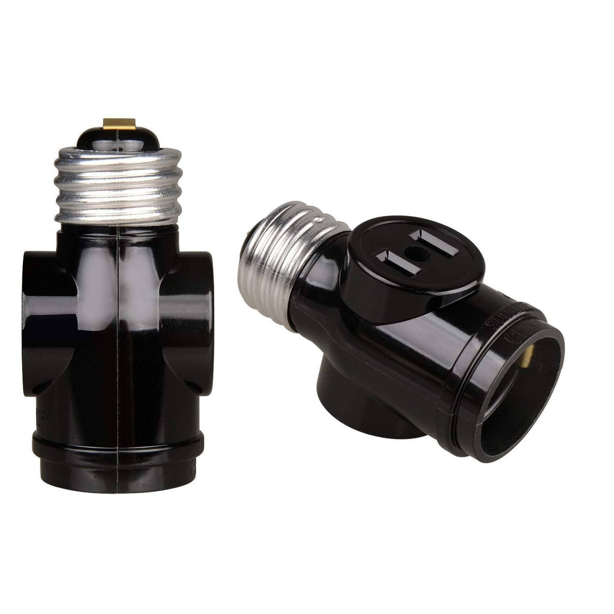 Black E26/E27 light socket adapter with plug converter and chrome threaded base.