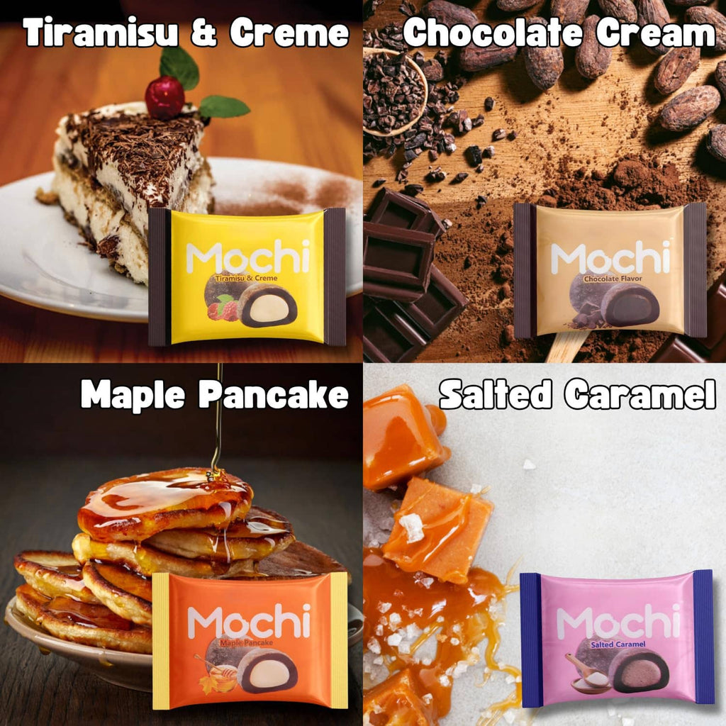 Mochi flavor packets with assorted dessert slices and salted caramel pieces
