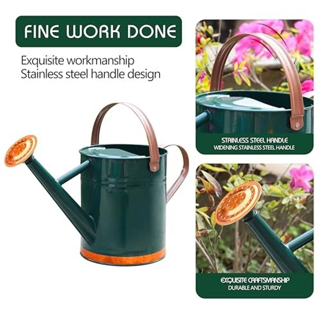 Teal metal watering can with stainless-style handle, rose head, and curved spout