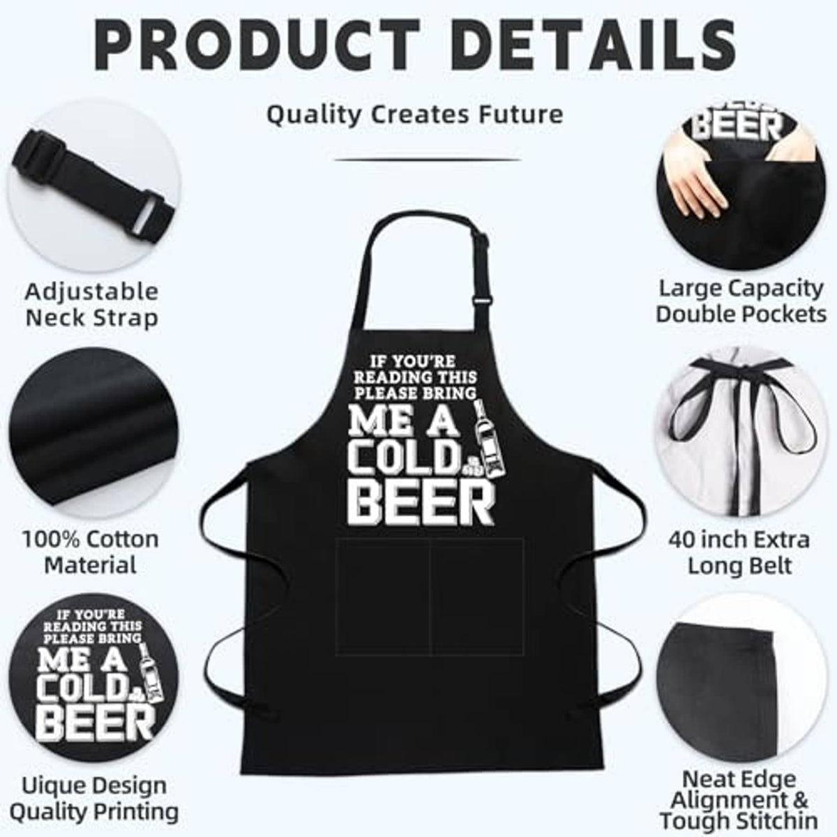 Black adjustable cotton apron with beer slogan print; large double pockets detail