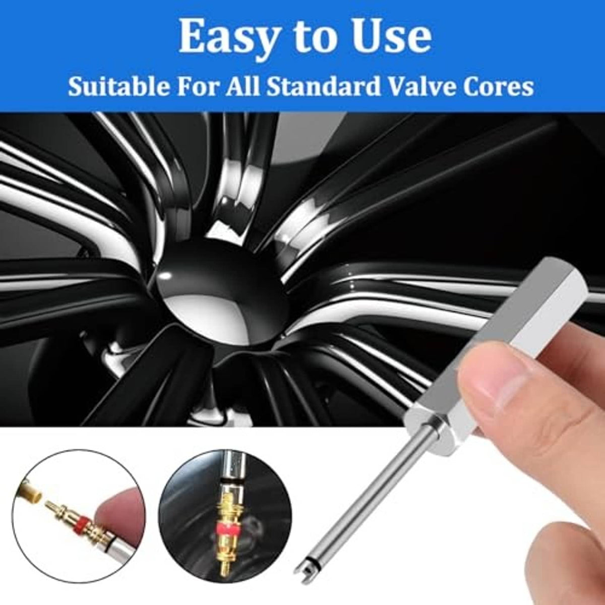 Valve core removal tool with metal shaft and hex tip, shown for use on wheel valves