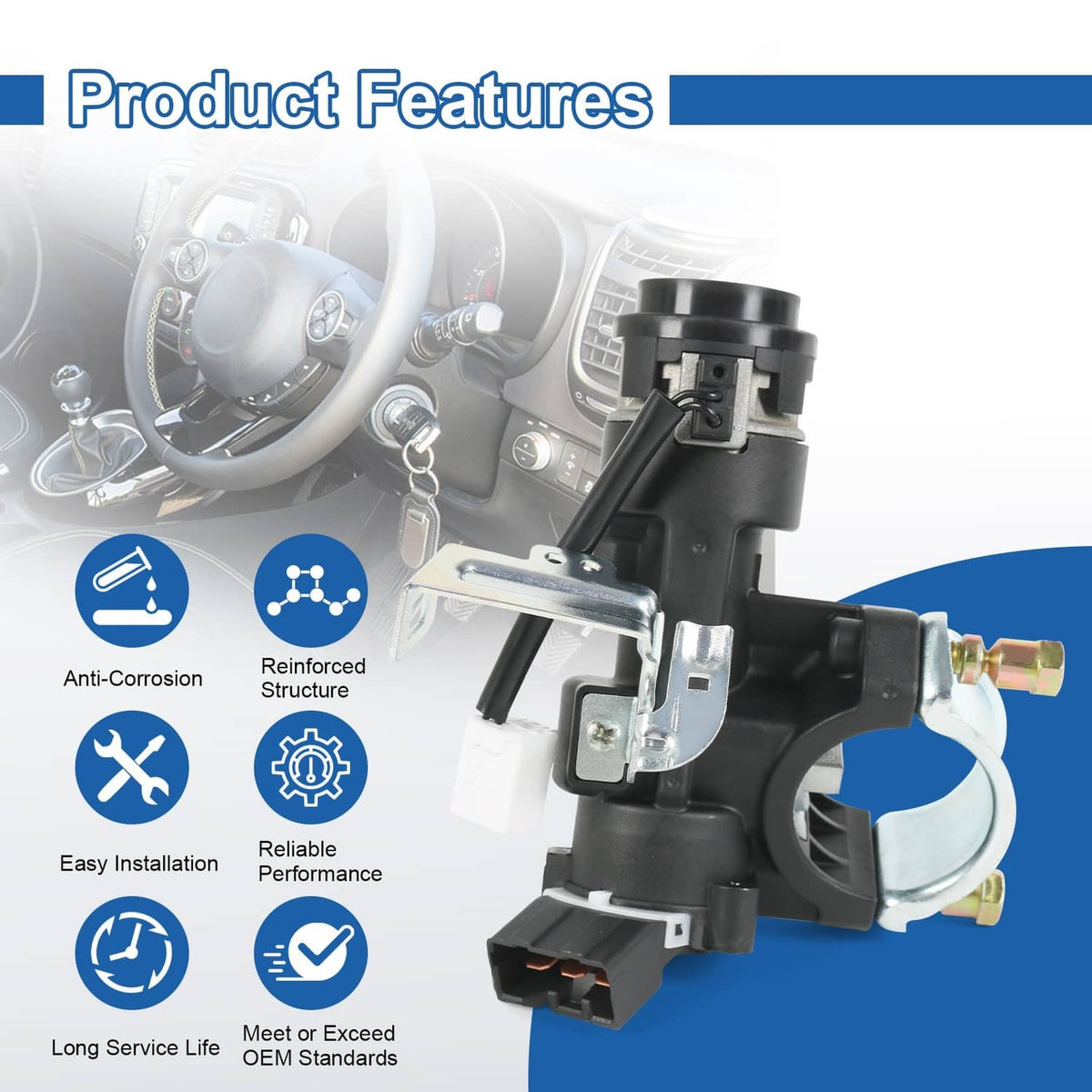 Ignition lock switch assembly with black housing and metal bracket, brass terminals