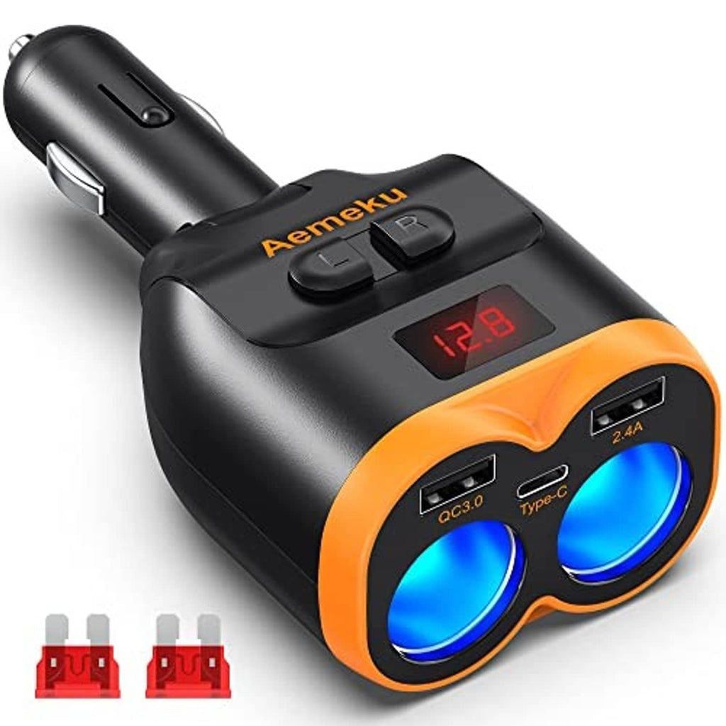 Side view of black-and-orange Aeeneku car USB charger with blue dual charging ports and LED