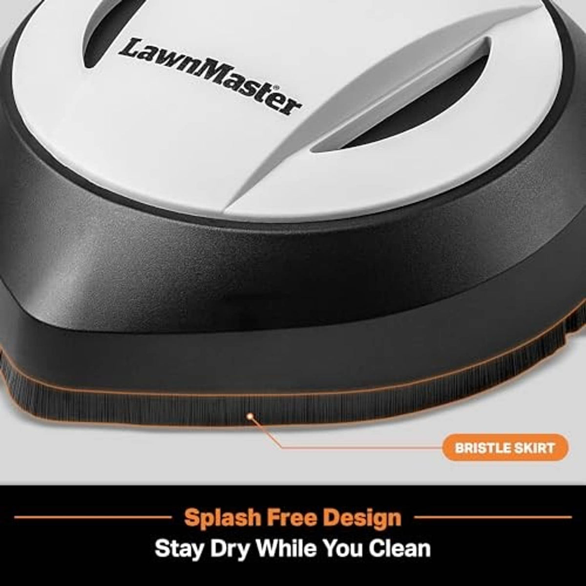 Close-up of pressure washer surface cleaner bristle skirt, white top and black base