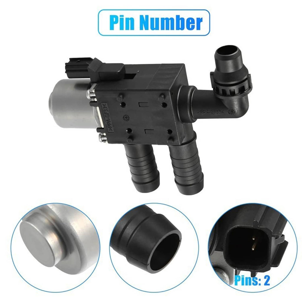 Engine heater control valve solenoid with black connector pins and silver cylinder
