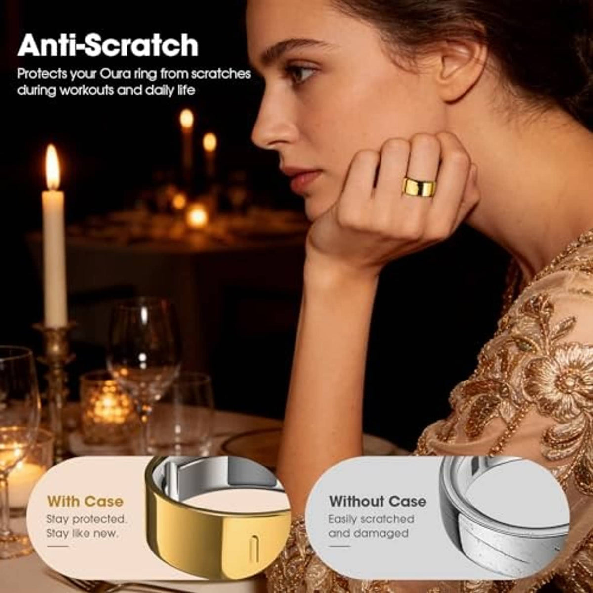 Two high-gloss Oura Ring covers, silver and gold, with protective case shown