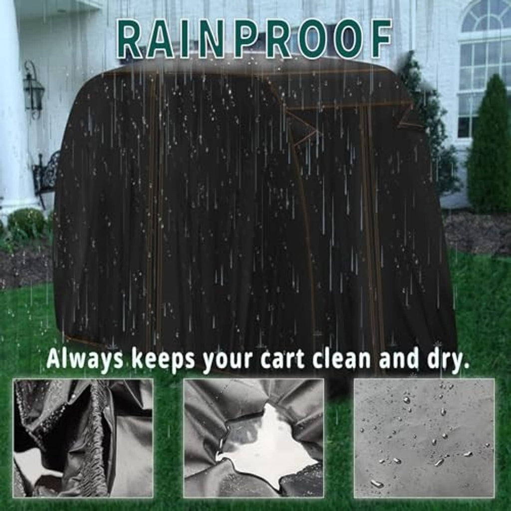 Black rainproof golf cart cover with smooth fabric and gathered side panels