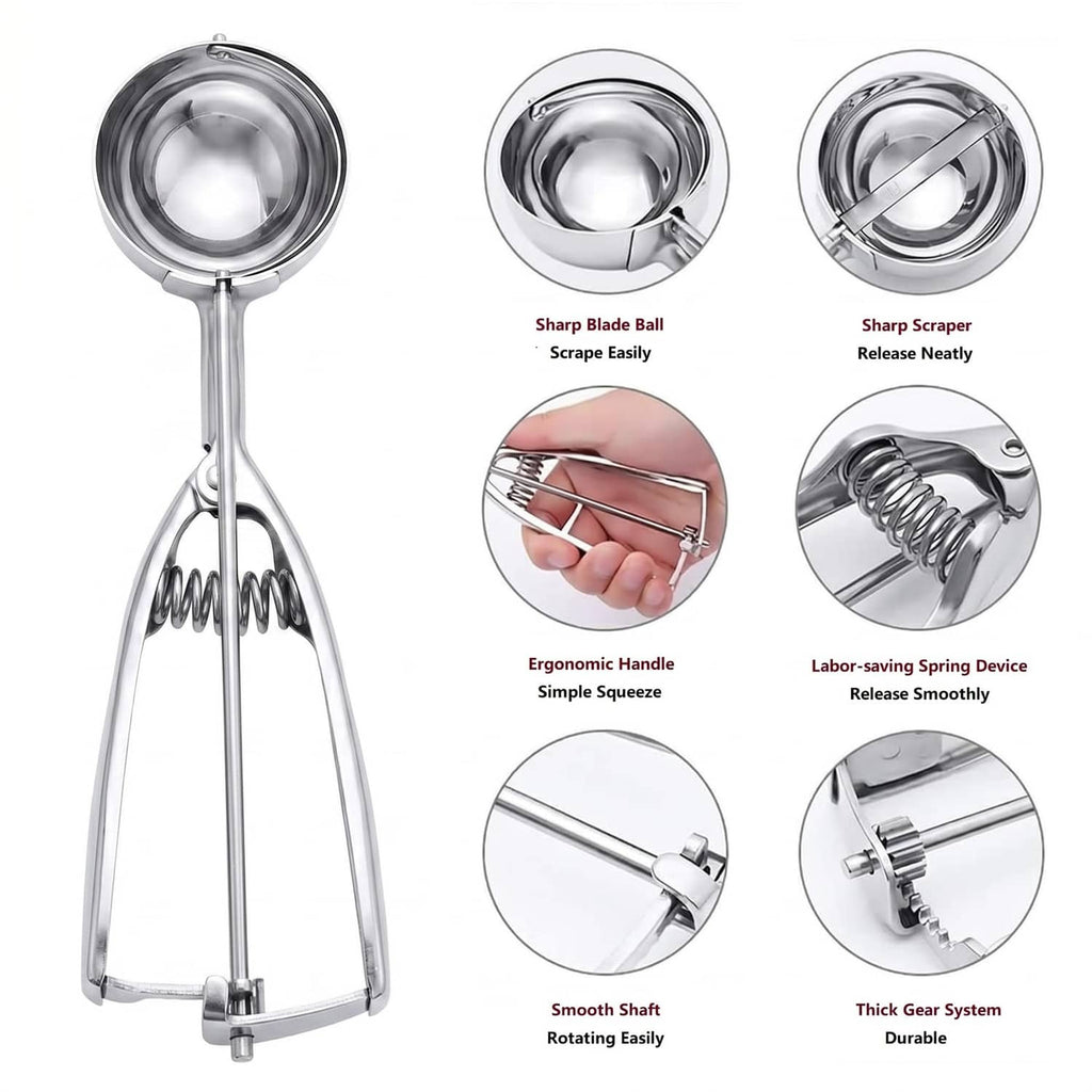 Stainless steel cookie scoop with spring release, ergonomic handle, sharp scraper