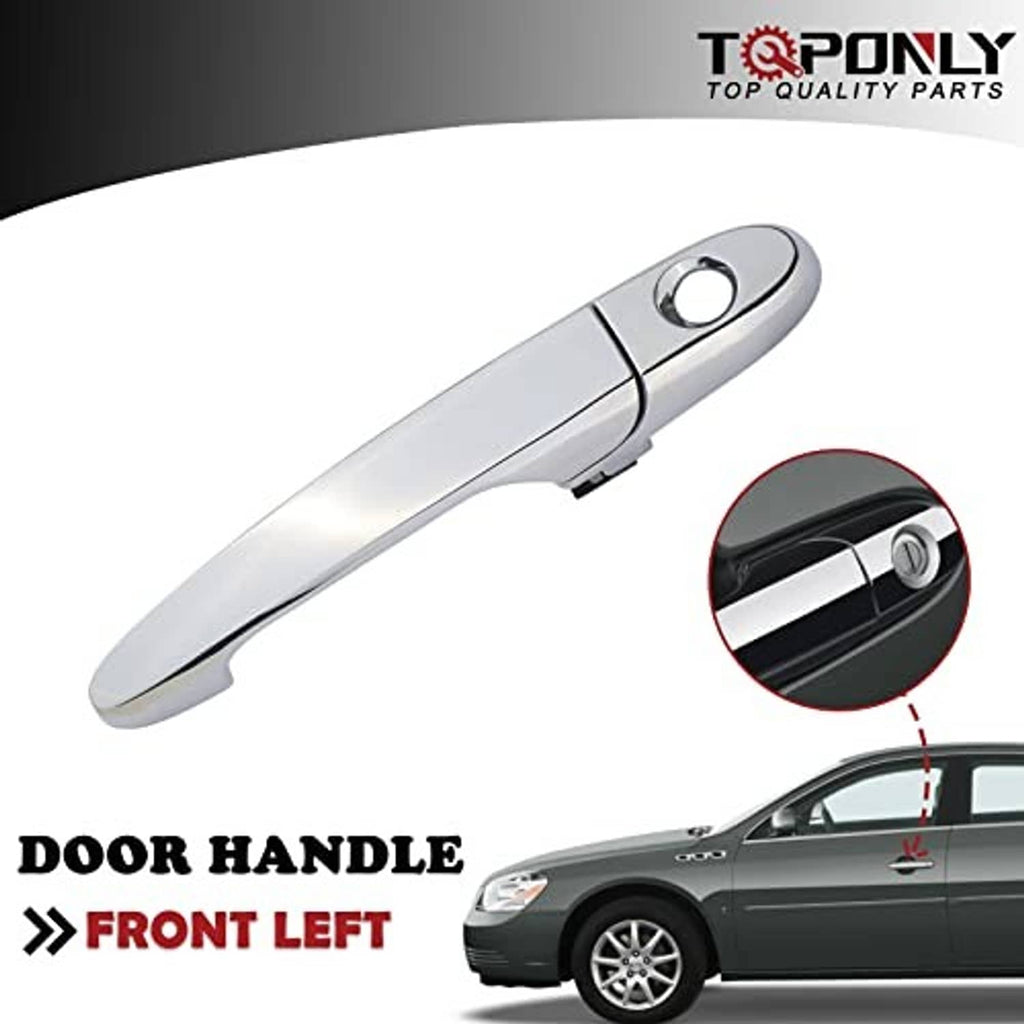 Chrome exterior door handle with circular opening and rear mounting tab