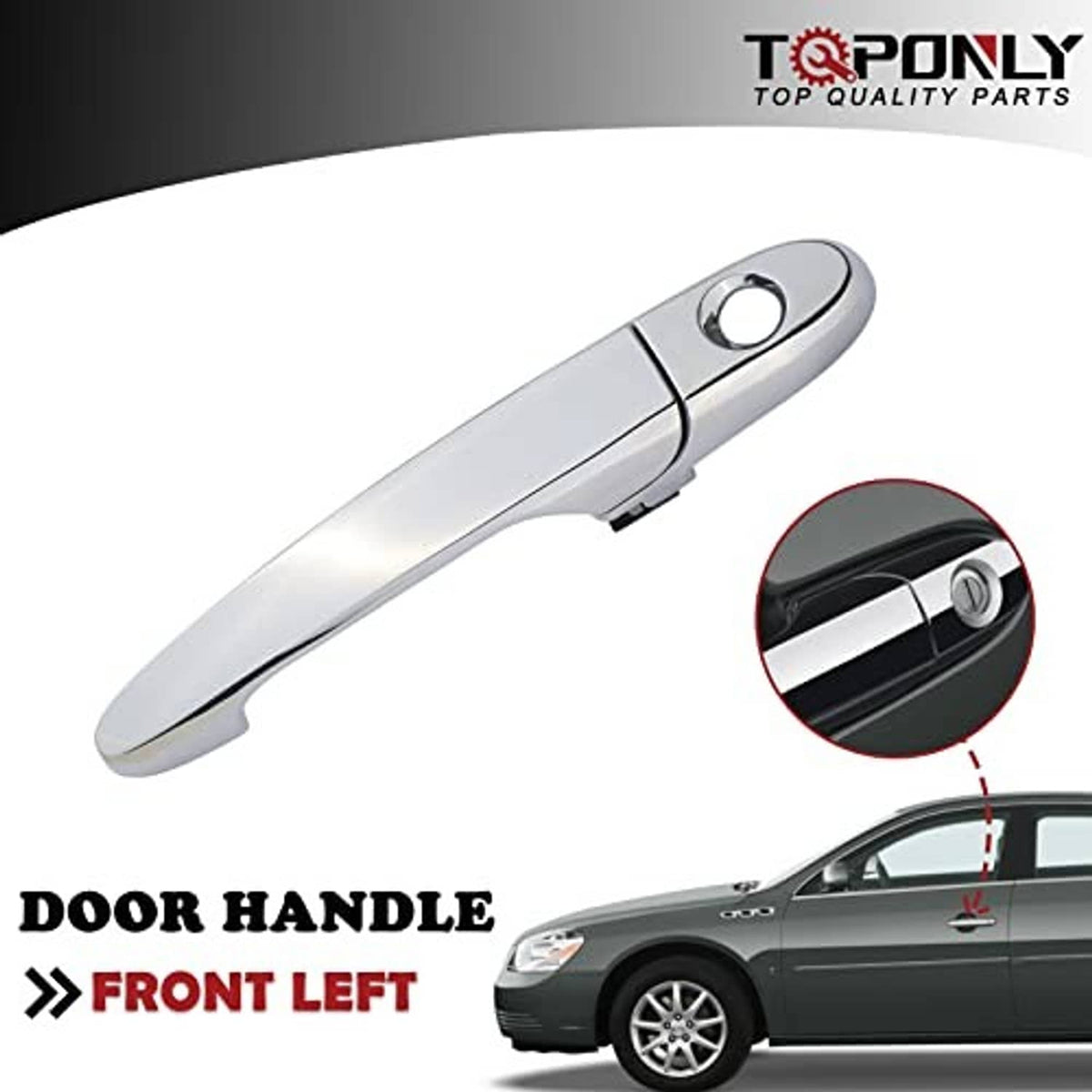 Chrome exterior door handle with circular opening and rear mounting tab