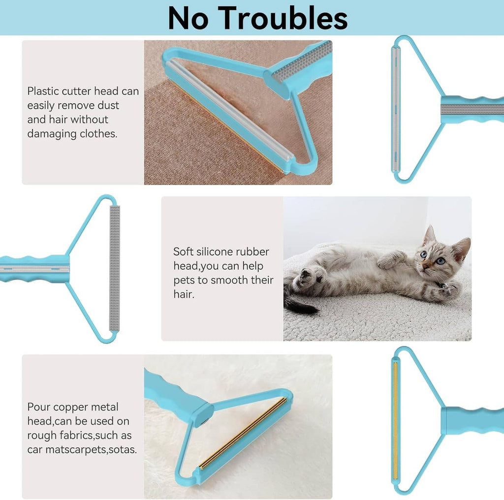 Pet hair remover tool with blue handle and dual comb heads shown on fabric surfaces