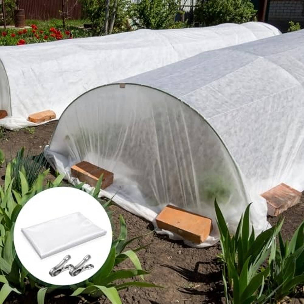 Light-colored non-woven plant tunnel cover with included folded cloth and metal clips