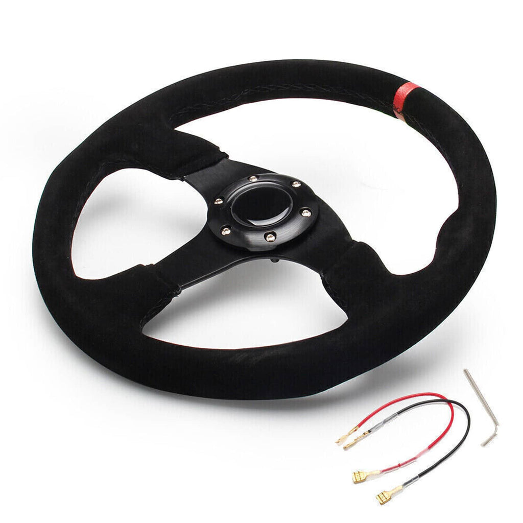 14-inch racing suede steering wheel with horn button and wiring leads