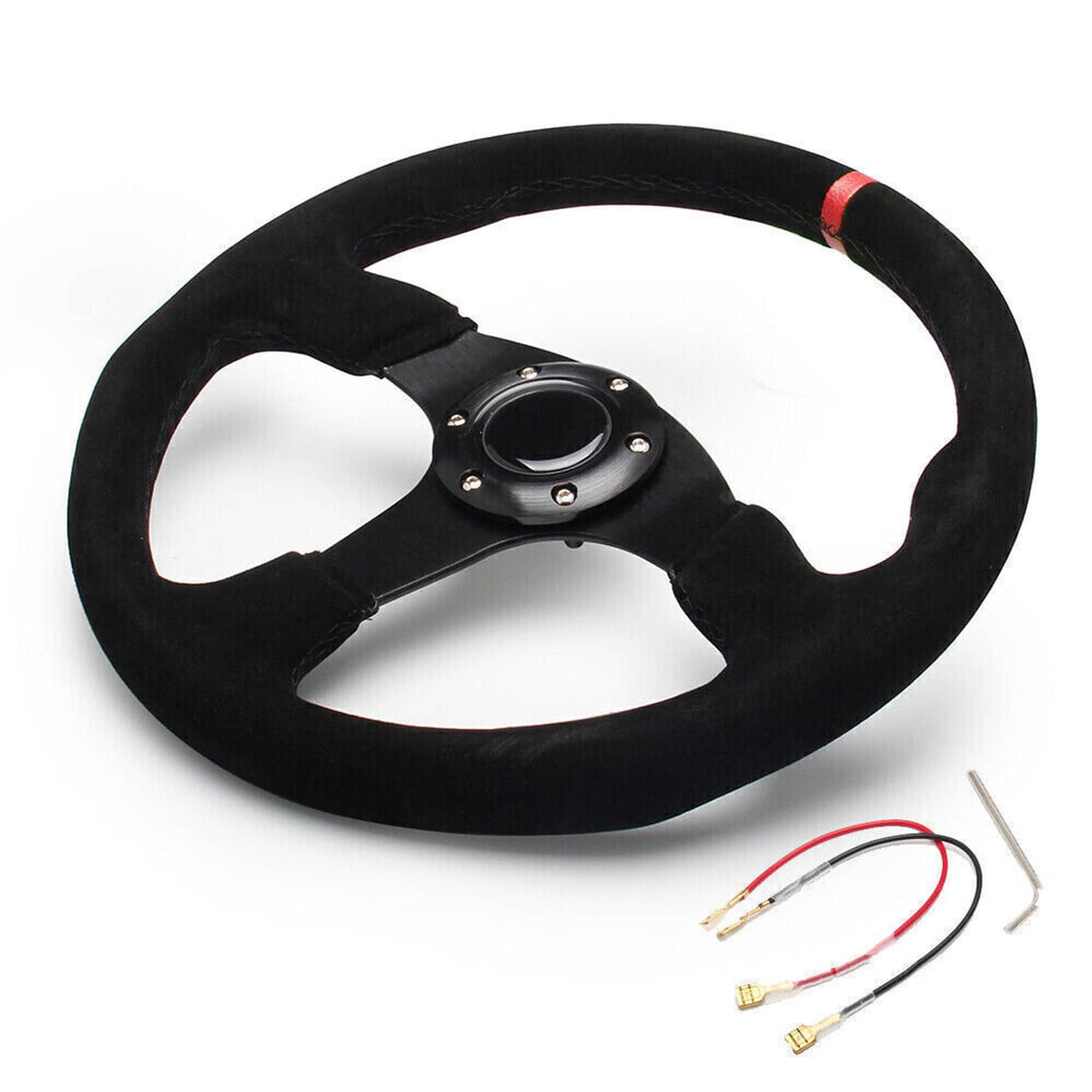 14-inch racing suede steering wheel with horn button and wiring leads