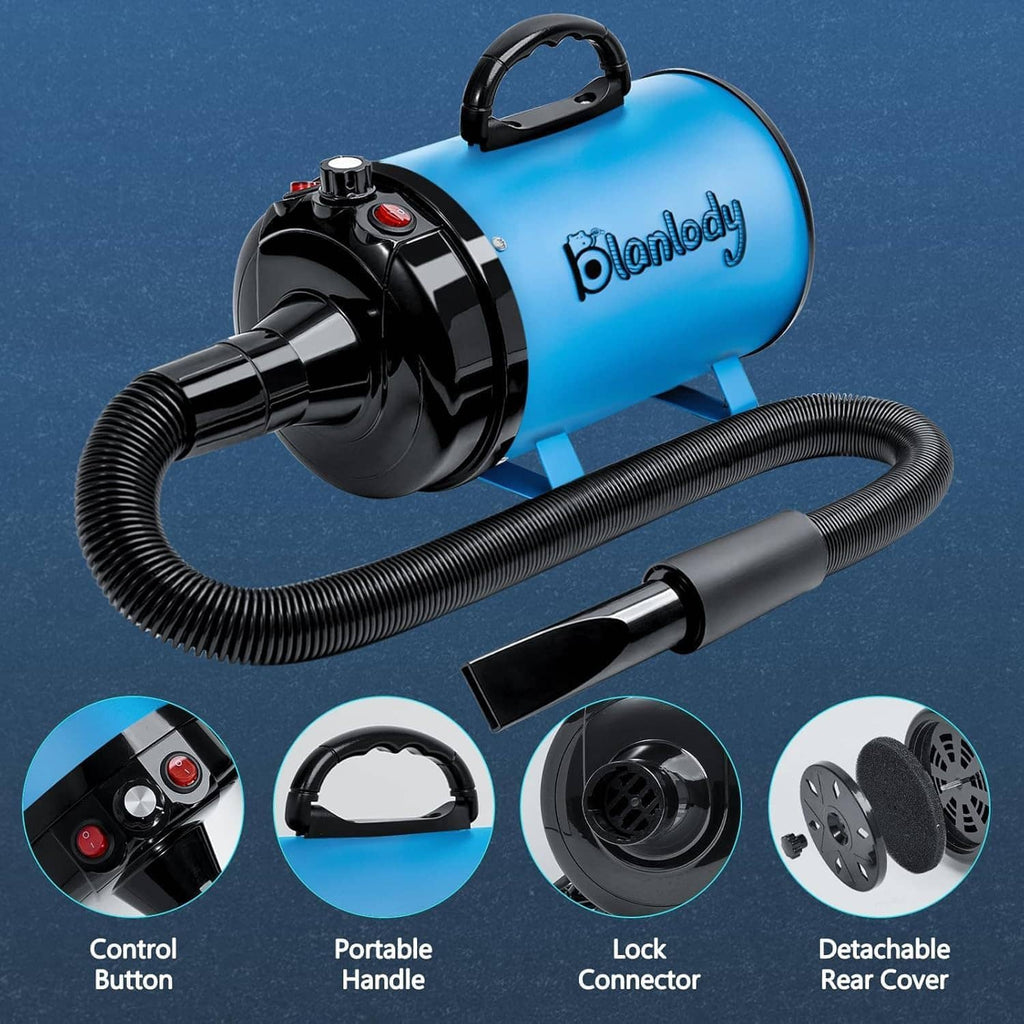 Blue-and-black dog hair dryer with control buttons, connector, and detachable rear cover